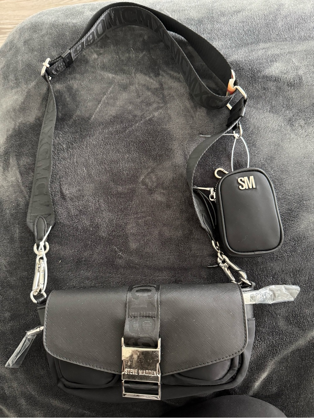 Steve Madden Black Crossbody Bag with Removable Coin Pouch and Wide Logo Strap